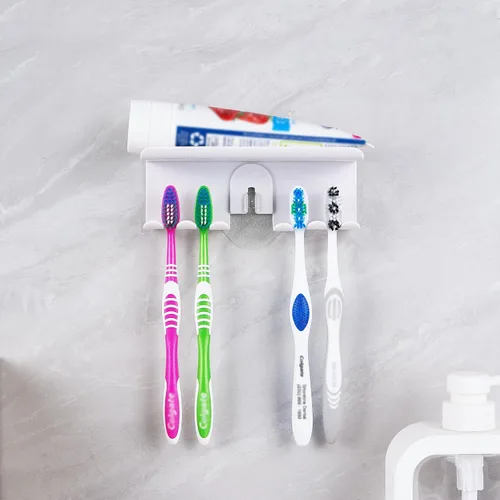 Vista 4 de Linkidea Soporte para cepillos de dientes de pared con 4 ranuras para baño, plástico autoadhesivo montado en la pared compatible con Colgate Extra