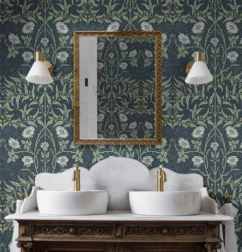 Vista 7 de NextWall Papel tapiz floral estarcido despegable y adhesivo (azul marino y salvia)