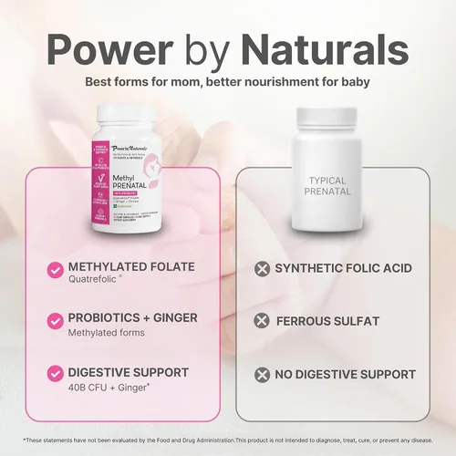 Vista 9 de Power By Naturals Metil prenatal con probióticos - Vitaminas prenatales para mujeres con hierro, folato de metilo, nutrientes B12 y 28 y botánicos
