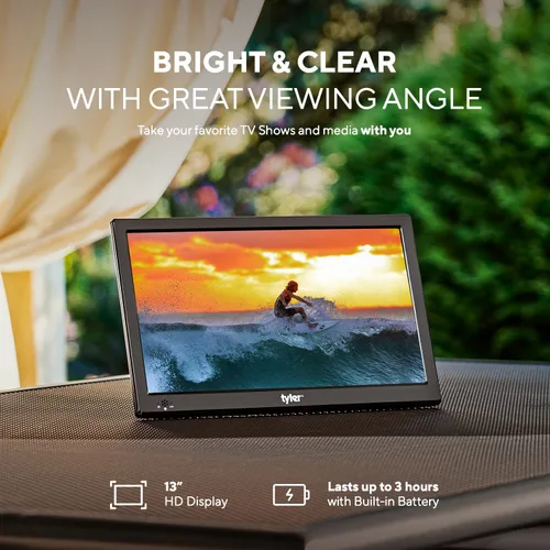Vista 2 de Tyler 13" Monitor LCD de TV portátil con batería, capacidad inalámbrica, HD-TV, HDMI, ranura para tarjeta SD, USB, RCA, AC/DC, radio FM, cargador