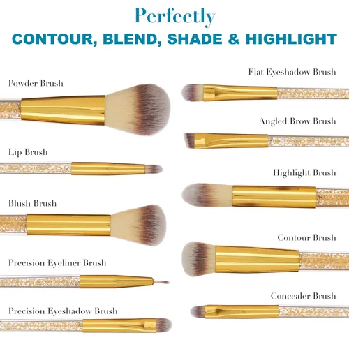 Vista 4 de Juego de 10 brochas de maquillaje profesionales con piedras preciosas brillantes doradas, cepillos profesionales de cerdas suaves para uso diario