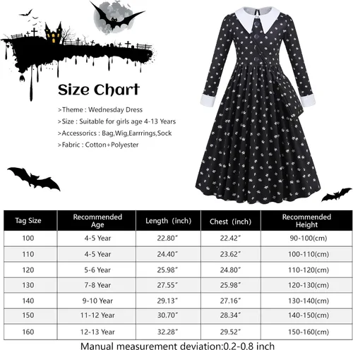 Vista 7 de LAUPHIE Vestido de miércoles para niñas, disfraz de miércoles con collar, calcetines y bolsa