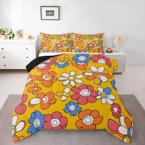 Vista 20 de Juego de ropa de cama con estampado floral bohemio, tamaño individual, diseño retro de flores groovy, 60S y 70S, juego de edredón de flores hippie