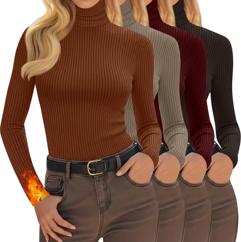 Vista 24 de Oakgarden Paquete de 4 camisetas térmicas de cuello alto para mujer, de manga larga, acanaladas, de algodón, ajustadas, capa base, ropa