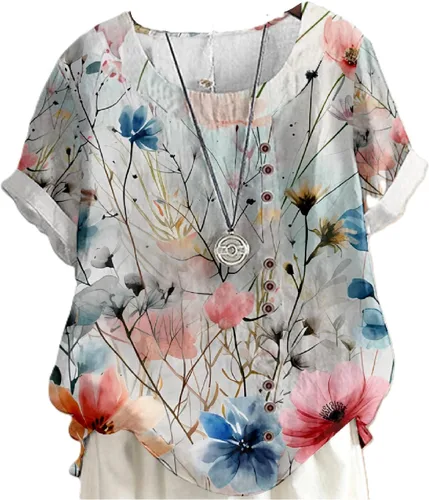 Vista 16 de domirica Camisetas de verano para mujer 2024 con estampado de flores, algodón, lino, manga corta, cuello redondo, camisas casuales de moda