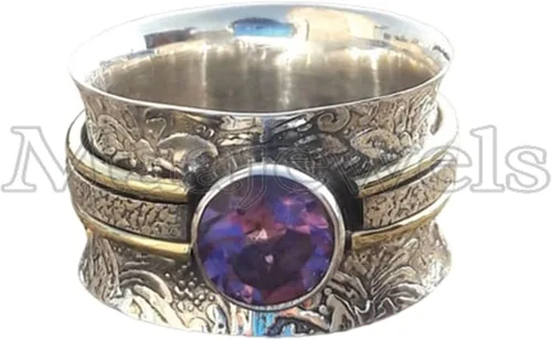 Vista 3 de Natural Amethyst Spinner Ring, 925 Sterling Silver Meditation & Fidget Ring for Women, Handmade Spin Band Yoga Jewelry