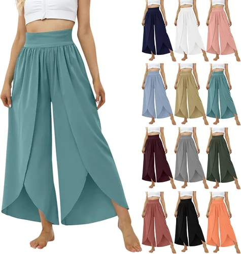 Vista 2 de Pantalones de pierna ancha con abertura y vuelo para mujer, pantalones de yoga de cintura alta, pantalones de pilates hippie, estilo bohemio, playa