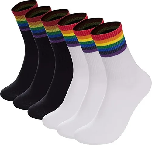 Vista 4 de 6 pares de calcetines de arco iris para mujer, a rayas, retro, calcetines atléticos para correr, calcetines casuales de algodón, blanco y negro