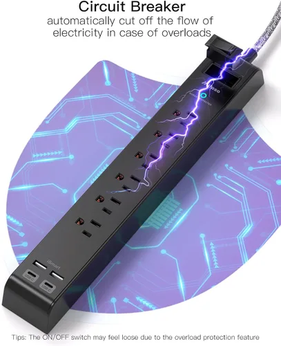 Vista 7 de Paquete de 2 cables de extensión de 10 pies con múltiples tomas, regleta protectora de sobretensiones con 6 tomas, 4 puertos USB, enchufe plano