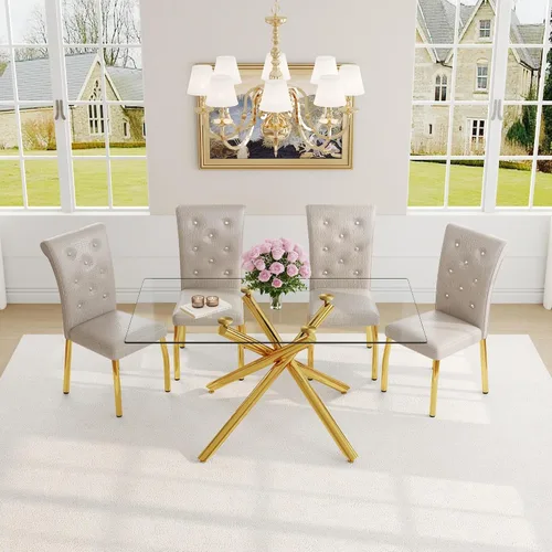 Vista 33 de Juego de mesa de comedor moderna para mesa de comedor negra de 4,63 pulgadas, juego de 4 con patas de metal dorado, mesa de cocina rectangular