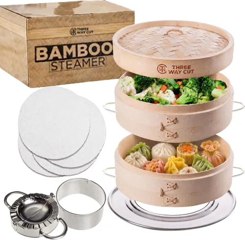 Vista 7 de Cesta para cocinar al vapor de bambú de 25 cm, 2 niveles, con mango, adaptador de anillo, forro de silicona reutilizable, kit para cocinar