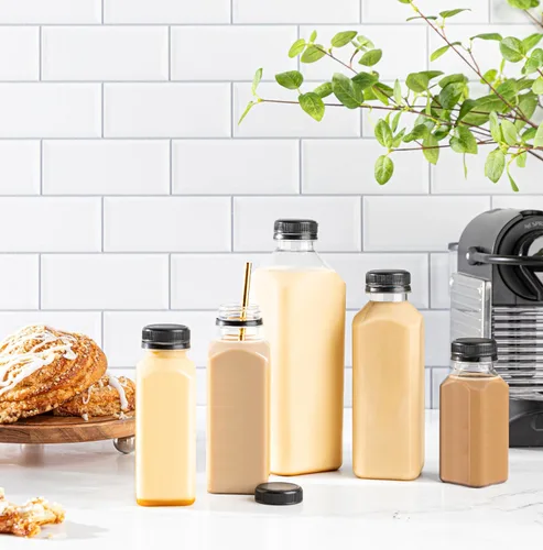 Vista 6 de Botellas de plástico Hammont con tapas - Botellas transparentes de PET para café helado y jugo, paquete de 24 - Botella reutilizable para jugos