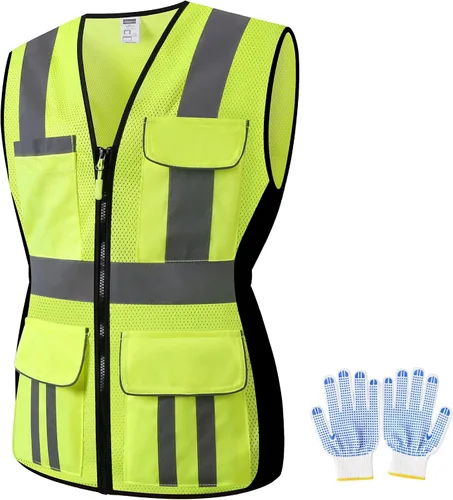 Vista 17 de Chaleco de seguridad para mujer, múltiples bolsillos, de alta visibilidad, reflectante, malla transpirable, chaleco de trabajo para dama, cremallera