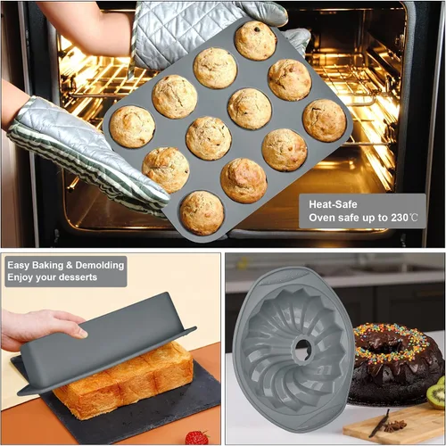 Vista 6 de Moldes de silicona antiadherente 9 en 1 para hornear pasteles Bundt, bandeja para galletas, moldes, bandeja resistente al calor, kit de herramientas
