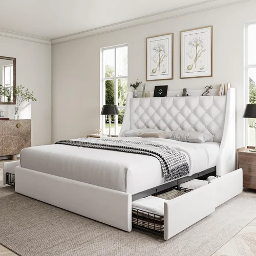 Vista 12 de GalnFu Marco de cama de tamaño completo con 4 cajones de almacenamiento, cabecera tapizada grande tipo wingback, estación de carga rápida,
