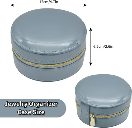 Vista 3 de KIQIONE Mini joyería organizador de almacenamiento de joyas de piel sintética con espejo con cremallera interior caja de joyería redonda pequeña