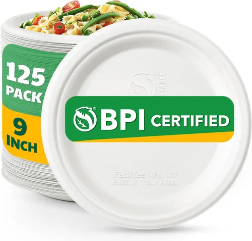 Vista 10 de 125 unidades de platos de papel compostables, platos desechables resistentes de 6 pulgadas por bagazo biodegradable, platos de postre a granel