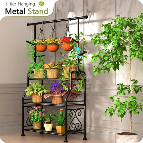 Vista 4 de GIOTORENT Soporte para plantas de interior, estante de metal resistente de 3 niveles para patio e interior, soporte alto para plantas que sostiene