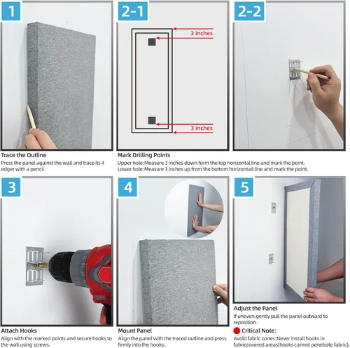 Vista 8 de Art3dwallpanels 4 PCS Paneles Acústicos, 24''x12'' Paneles de Pared de Tela Insonorizados, Paneles de Absorción de Sonido de Montaje Fácil con Gris