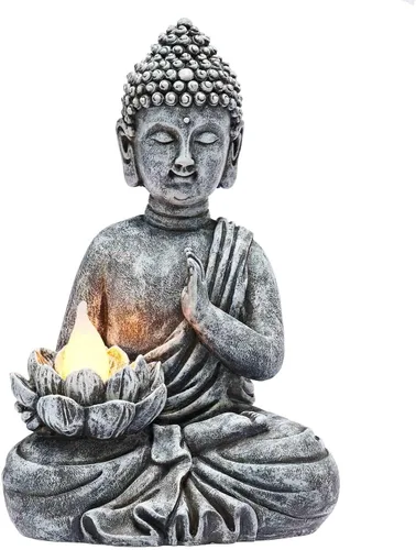 Vista 9 de Estatua Solar de Buda - Escultura Zen para Exteriores con Luz LED de Loto Parpadeante - Regalo de Decoración de Jardín Impermeable - 11.81 Pulgadas