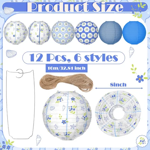 Vista 2 de Rossesay 12 faroles de papel costeros azules de 8 pulgadas, farol colgante de flores azules para interiores y exteriores, decoración náutica