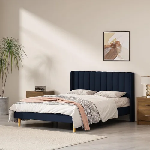 Vista 12 de Marco de cama tapizado de terciopelo individual con cabecera con respaldo de ala, color crema Cama de plataforma capitoné de canal vertical