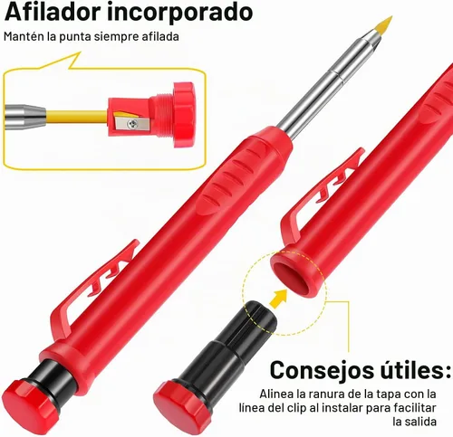 Vista 6 de Outus Juego de 3 lápices de carpintero con 36 repuestos, marcador mecánico de agujero profundo, bolígrafos de construcción de punta larga