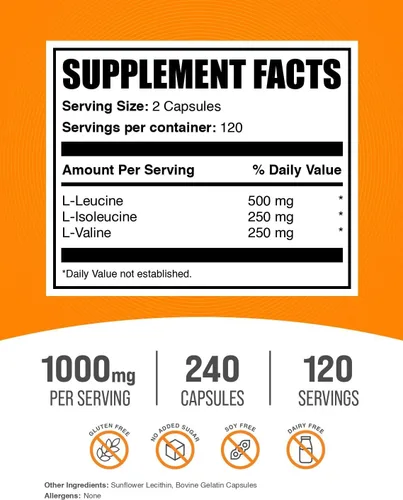 Vista 2 de BulkSupplements. com BCAA 2:1:1 Cápsulas - Aminoácidos de cadena ramificada, suplementos de BCAA, cápsulas de BCAA, píldoras BCAA - Sin gluten, 240