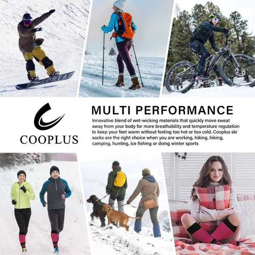 Vista 7 de COOPLUS 2 pares de calcetines de esquí para hombres y mujeres, calcetines de compresión hasta la rodilla para esquí, snowboard, senderismo, deportes