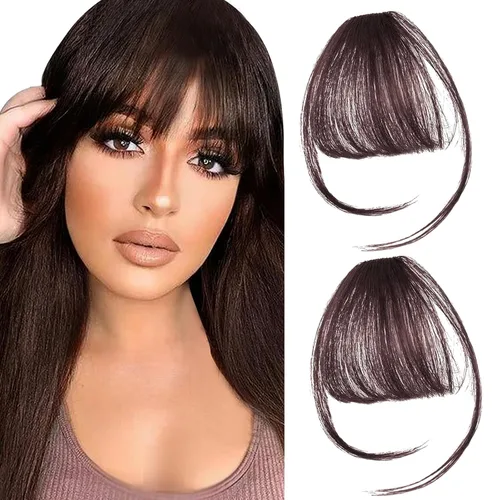 Vista 10 de 2 piezas de flequillo con clip de cabello humano real, flequillo falso con clip para el cabello para mujeres, flequillo tenue curvado con postizos