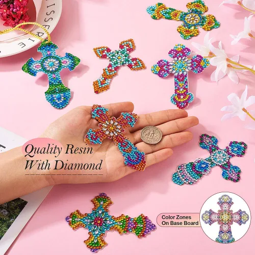 Vista 3 de KISSITTY 10 piezas de pintura de diamante con cruz de Pascua para marcapáginas, colgante, decoración de llaveros, collares, fiestas de pared