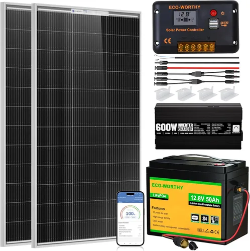 Vista 9 de ECO-WORTHY Kit completo de iniciación de panel solar de 200 vatios y 12 V para RV fuera de la red con batería e inversor: 2 paneles solares de 100 W