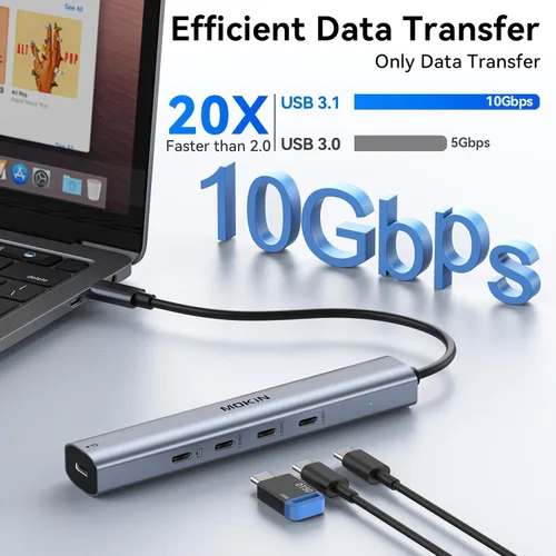 Vista 4 de Hub USB C de 10 Gbps, divisor USB C MOKiN con salida de video 4K a 60Hz, carga PD de 100 W, transferencia de datos, dongle multipuerto USB 4