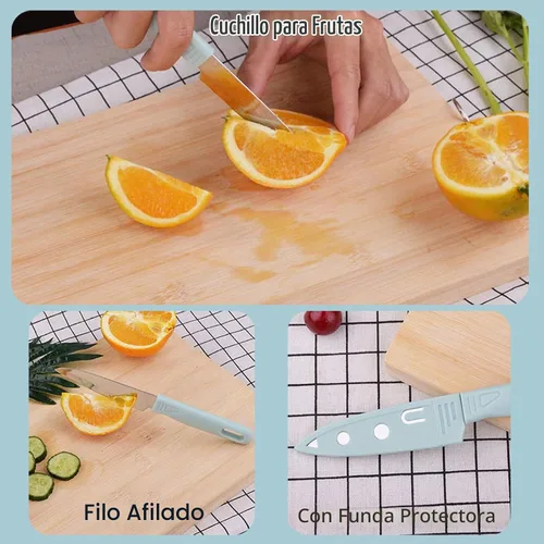 Vista 5 de Juego de tablas de corte Magicorange para viajes, 4 piezas, juego portátil mini de tablas de cortar de plástico para camping y cuchillo de acero