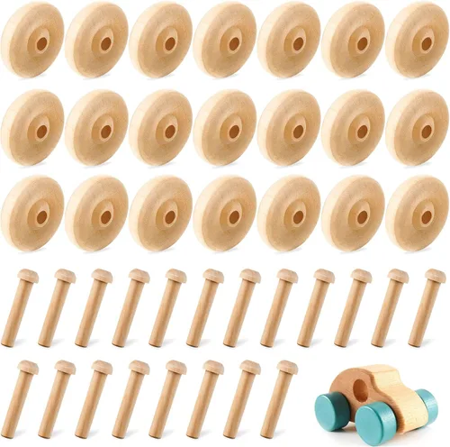 Vista 8 de Civaner Paquete de 36 Ruedas de Madera de Juguete para Manualidades Mini Ruedas de Madera para Manualidades con Clavijas de Eje para Manualidades
