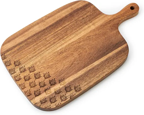 Vista 7 de Tabla de cortar de madera de acacia, tabla de cortar de madera para carne, queso, pan, verduras y frutas, tabla de charcutería con asa, 16 x 8.6
