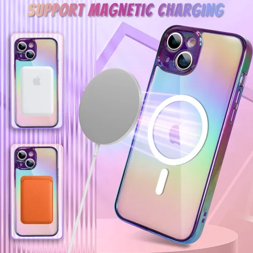 Vista 4 de Bonoma Funda magnética para iPhone 13 【Soporte para Magsafe】Protector de cámara de lujo de cristal fluorescente iridiscente con láser brillante + 2