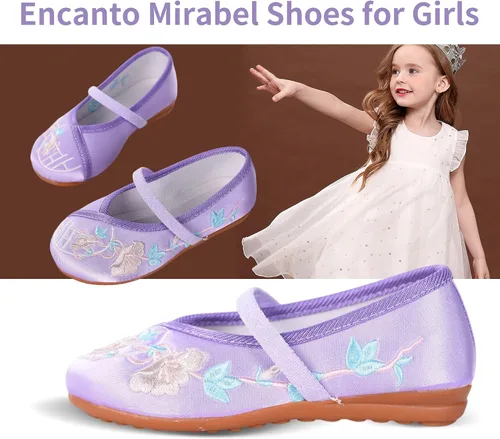 Vista 4 de BESSIVIC Zapatos de vestir para niñas, zapatos Mary Jane para niñas con tacón bajo, zapatos planos de ballet de flores de princesa para bodas