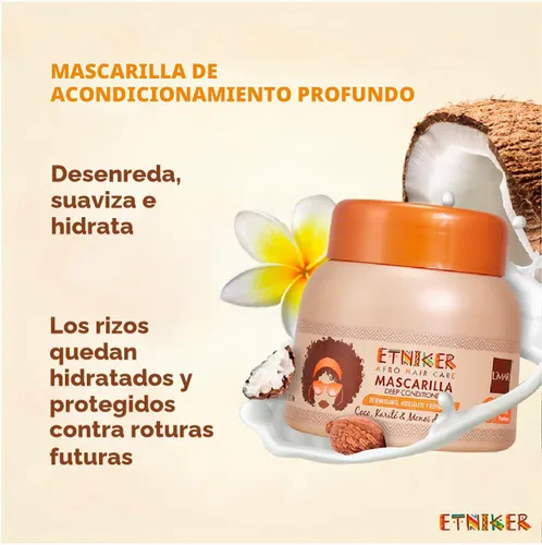 Vista 7 de ETNIKER - Mascarilla para el cabello rizado, ondulado y afro (2A-4C) - Tratamiento hidratante sin sulfatos con aceite de coco, manteca de karité