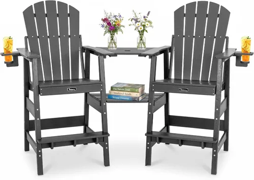 Vista 12 de FUNBERRY Juego de 2 sillas altas Adirondack con mesa de conexión extraíble, silla de balcón alta para todo tipo de clima con portavasos 2
