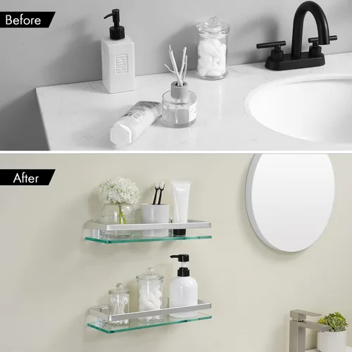 Vista 2 de KES Estantes de vidrio para baño, estantes flotantes de vidrio templado de 14 pulgadas de aluminio extra grueso, paquete de 2 organizadores
