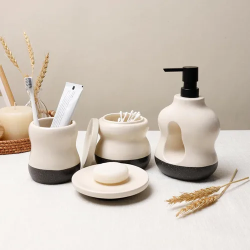 Vista 5 de BosilunLife Juego de 4 accesorios de baño de cerámica, dispensador de jabón Beige con negro.