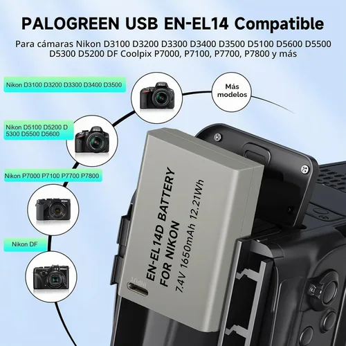 Vista 3 de EN-EL14, EN-EL14A USB C Batería de repuesto de carga directa para Nikon D3500, D3100, D3200, D3300, D3400, D5100, D5200, D5300, D5500, D5600, DF