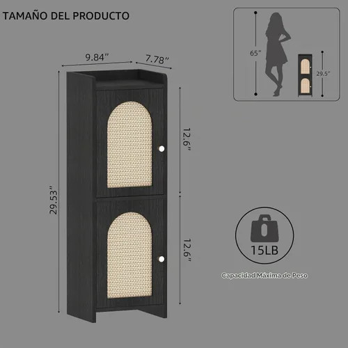 Vista 5 de Gabinete de almacenamiento pequeño de ratán con 2 puertas y estante Ratán negro