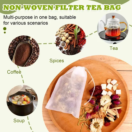 Vista 3 de WALWAL 100 bolsas de té desechables para té de hojas sueltas, bolsas de filtro de té biodegradables con cordón, bolsas infusoras de té de fibra