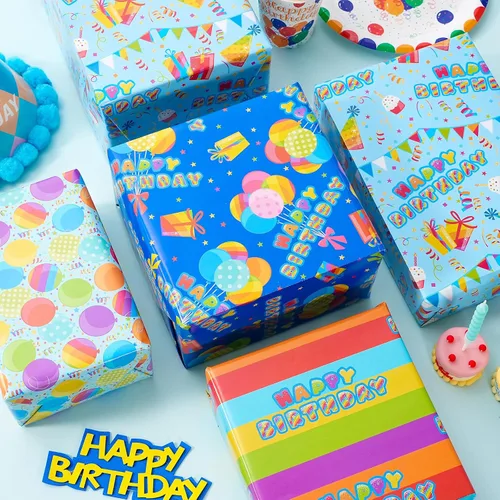 Vista 9 de PlandRichW Papel de regalo de cumpleaños, 4 divertidos diseños de fiesta, globos, arcoíris, cupcakes, confeti, plegado de 20 x 29 pulgadas, 12