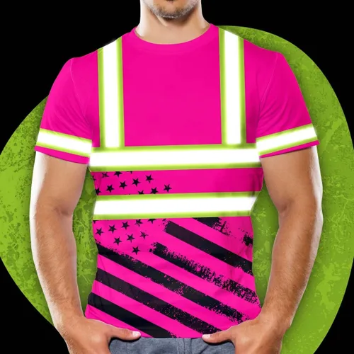 Vista 5 de HiVis Custom Camisa de alta visibilidad de color con bandera de Estados Unidos para hombres y mujeres con nombre personalizado camiseta de seguridad