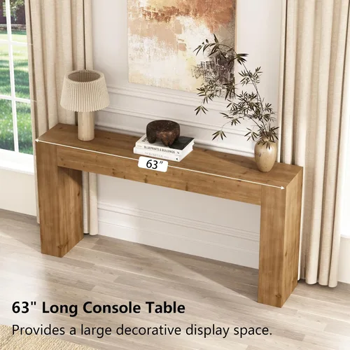 Vista 6 de Mesa consola de madera maciza para entrada, mesa de sofá de granja de 63 pulgadas de largo detrás del sofá, mesas de entrada rectangulares rústicas
