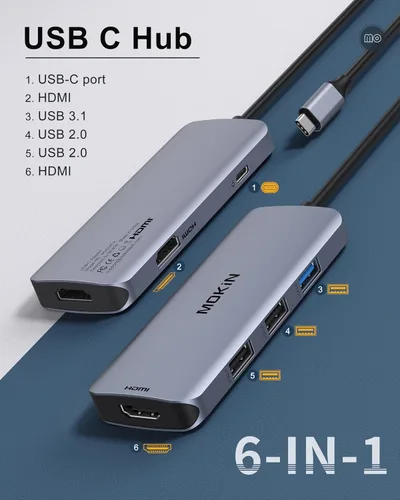 Vista 2 de Estación de acoplamiento USB C a adaptador HDMI dual, MOKiN USB C Hub Dual HDMI Monitores para Windows, adaptador USB C con HDMI dual, 3 puertos