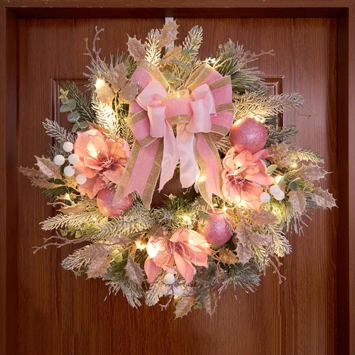 Vista 8 de Corona de Navidad preiluminada para puerta delantera con temporizador, 20 luces, corona de Navidad iluminada, bola de Navidad azul plateado